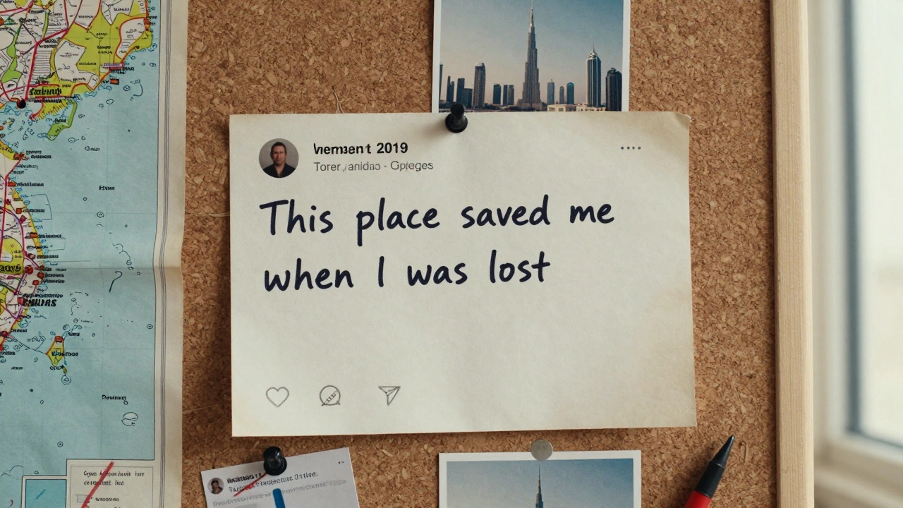 A corkboard holds a preserved 2019 user comment beside faded travel maps and crossed-out links.